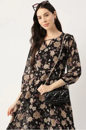 DressBerry Women Floral Printed Puff Sleeve Georgette Fit-Flare Midi Dress