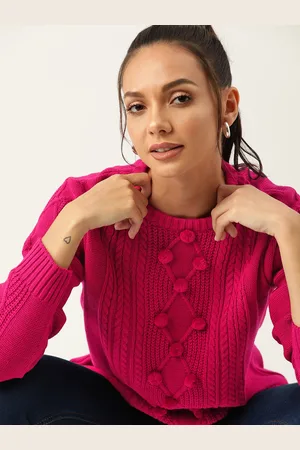 DressBerry Women Pink Cable Knit Pom-Pom Detail Pullover