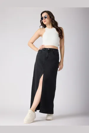 Globus Women Grey Solid Mid-Rise Front Slit Straight Maxi Denim Skirt