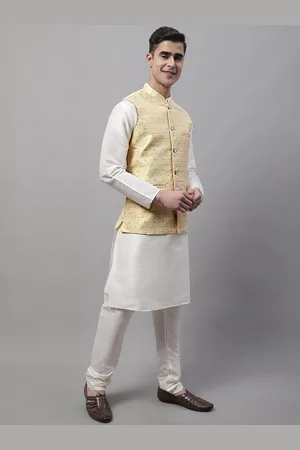 Jompers Men Solid Dupion Silk Long sleeves Kurta & Churidar With Woven Design Nehru Jacket