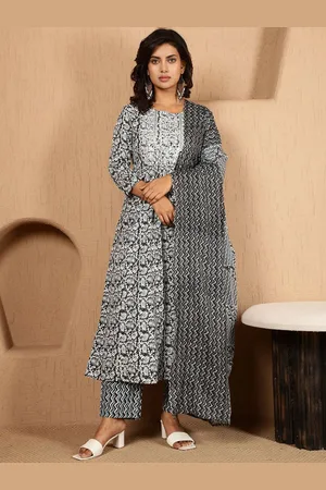 Antaran Floral Embroidered Pure Cotton Anarkali Kurta With Trousers & Dupatta