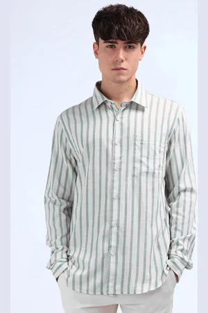Flying Machine Men Spread Collar Vertical Striped Cotton Casual Shirt