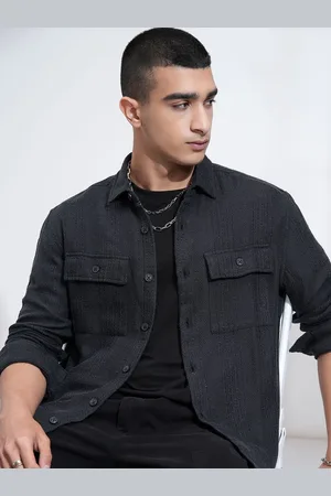 Highlander Men Dobby Textured Chinelle Yarn Striped Relaxed Overshirt