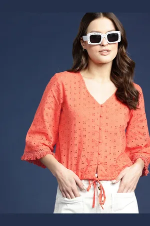 Mast & Harbour Flared Sleeve Cotton Schiffli Shirt Style Top