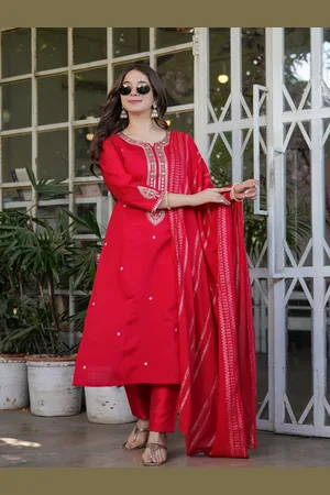 Orus Women Embroidered Regular Sequinned Chanderi Silk Kurta with Trousers & With Dupatta