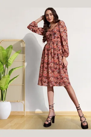 DressBerry Floral Printed Chiffon Puff Sleeves A-Line Dress
