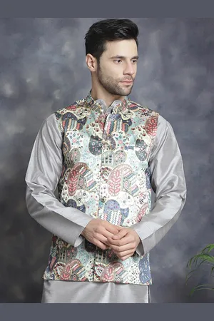 Jompers Ethnic Printed Mandarin Collar Silk Cotton Nehru Jacket With Zari Work