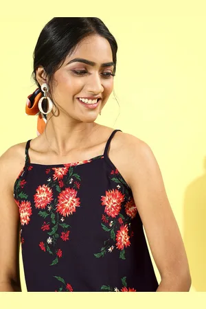 Berrylush Navy Blue & Red Floral Crepe A-Line Dress