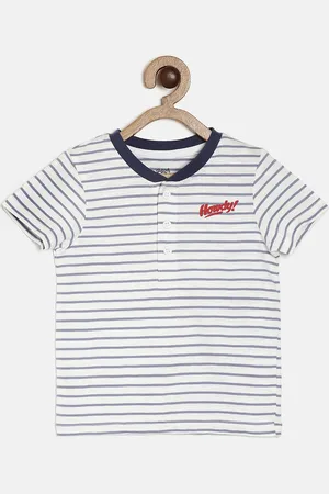 MINI KLUB Boys White Striped Henley Neck Pure Cotton T-shirt
