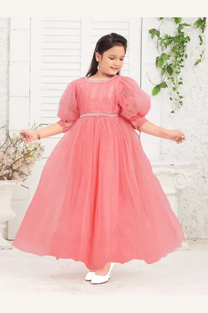 BAESD Girls Net Round Neck Puff Sleeves Opaque Maxi Dress