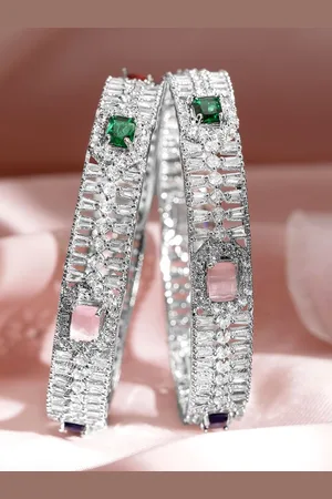 Rubans Set of 2 Rhodium-Plated Multicolor Gemstone & Cubic Zirconia Studded Bangles