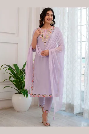 Charu Floral Embroidered Round Neck Thread Work Pure Cotton Kurta with Trousers & Dupatta