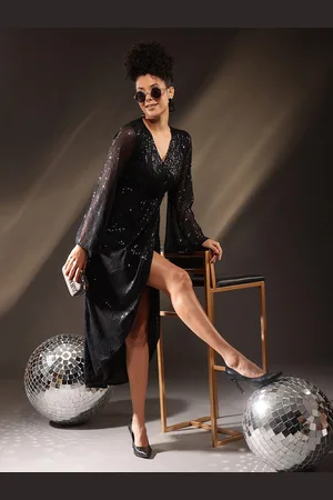 ATRAENTA Self Design Embellished Puff Sleeve V-Neck Midi Wrap Dress