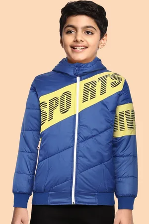 Okane Boys Blue & Yellow Typography& Striped Detail Bomber Jacket with Detachable Hood