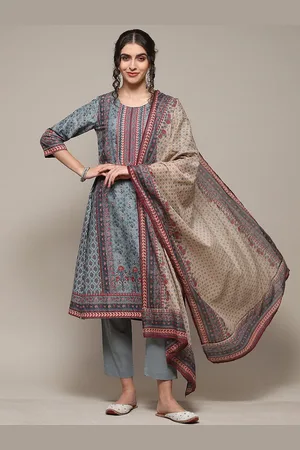 Biba Floral Printed Round Neck Regular Pure Cotton Kurta & Trousers With Dupatta