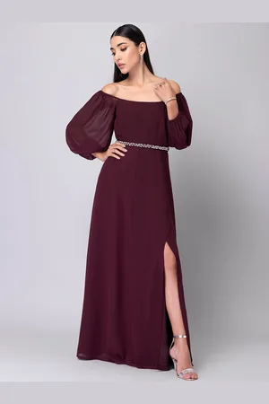 FabAlley Off-Shoulder Puff Sleeves Slit Detail Georgette Maxi Dress
