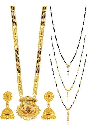 Brandsoon Set of 4 Gold-Plated Black Beaded Mangalsutra With Earrings