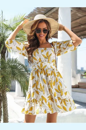 DressBerry Floral Print Puff Sleeves A-Line Dress
