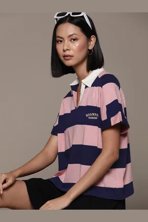 Roadster The Lifestyle Co. Striped Polo Collar Pure Cotton Boxy T-shirt
