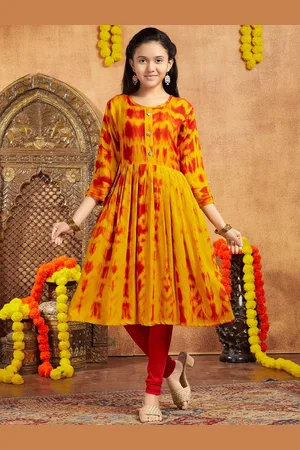 Sangria Girls Yellow Tie & Dye Shibori Round Neck Anarkali Kurta