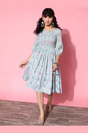 Kalini Women Floral Print Puff Sleeves Fit & Flare Dress
