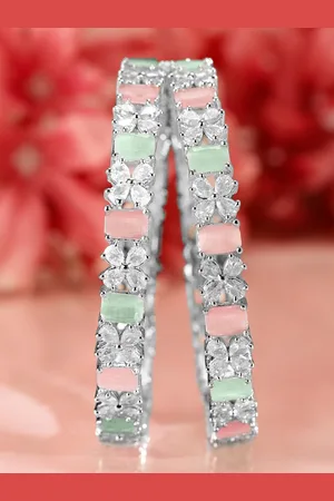 Rubans Set of 2 Rhodium-Plated Pastel Green & Pink Cubic Zirconia Studded Bangles