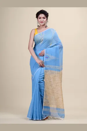 Laa Calcutta Blue & Gold-Toned Woven Design Gheacha Silk Taant Saree