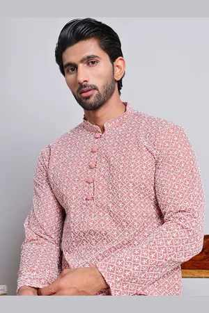 Jompers Mandarin Collar Floral Embroidered Chikankari Cotton Kurta
