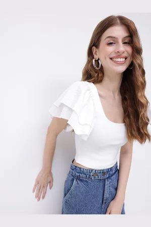 DressBerry Porcelain White Soaked In Sleeve Drama Ribbed Crop Top