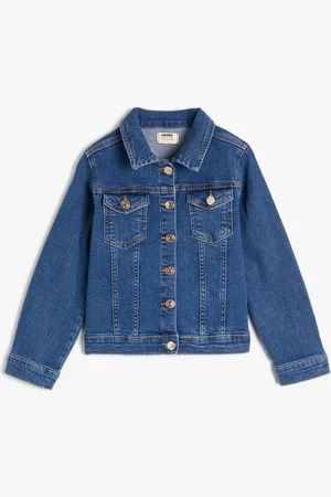 Koton Girls Mock Collar Washed Solid Cotton Casual Denim Jacket