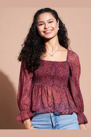 DressBerry Animal Printed Cuffed Sleeve Smocked Georgette Peplum Top