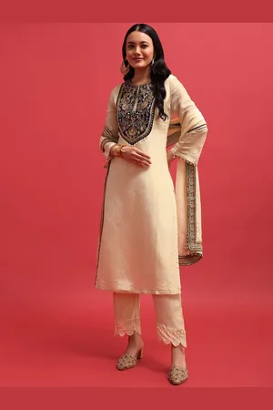 KALKI Fashion Floral Yoke Design Beads and Stones Straight Kurta with Trousers & Dupatta