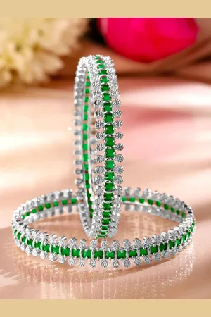 Rubans Set of 2 Rhodium Plated Emerald Green & White Cubic Zirconia Studded Luxe Bangles