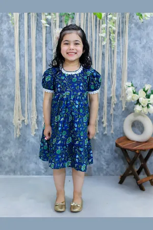BownBee Girls Floral Printed Round Neck Puff Sleeves Gathered Pure Cotton A-Line Dress