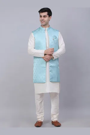 Jompers Men Blue Dupion Silk Kurta with Pyjamas & Woven Design Jacket