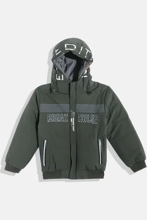 Fort Collins Boys Olive Green Typography Print Hooded Bomber Jacket