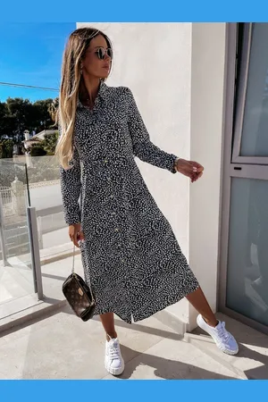 DressBerry Black Abstract Printed Cuffed Sleeves Shirt Midi Dress