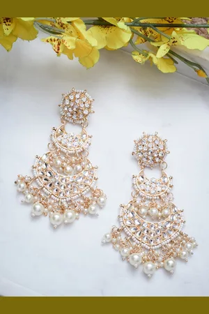ATIBELLE Gold-Plated & White Contemporary Drop Earrings