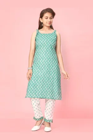 Sangria Girls Sea Green Ethnic Motifs Printed Round Neck Pure Cotton Straight Kurta