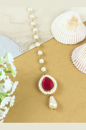 asthetika Girls Gold-Plated Kundan-Studded & Beaded Maang Tikka