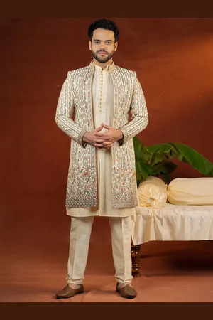 TheEthnic.Co Heavy Embroidered Front Open Sherwani Set