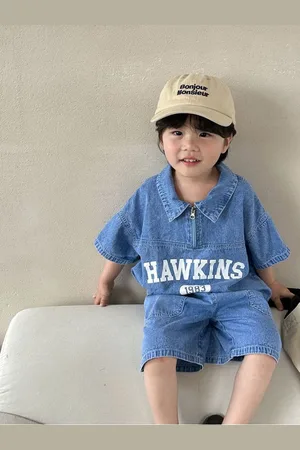 LULU & SKY Boys Typography Printed Shirt Collar Denim T-shirt With Shorts