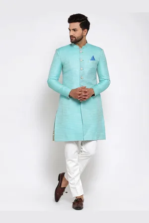 KLOTTHE Men Blue & White Self-Design Sherwani Set