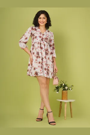 Celebravo Floral Printed V-Neck Puff Sleeves A-Line Dress