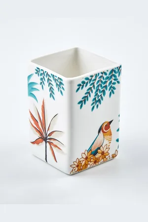Home Centre White & Blue Ethnic Motifs Ceramic Toothbrush Holder