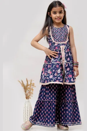 BAESD Girls Floral Printed Sleeveless Gotta Patti Pure Cotton Regular Kurta with Sharara