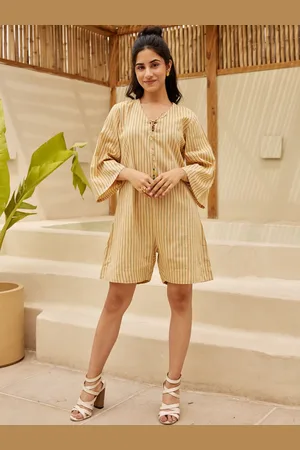 Ambraee Striped Tie-Up Neck Cotton Playsuit