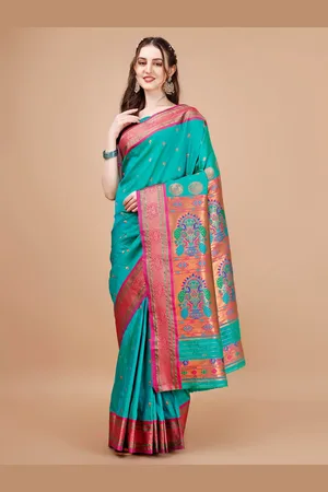 JustFashion Turquoise Blue & Pink Ethnic Motifs Zari Paithani Saree