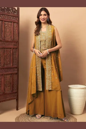 Chhabra 555 Embellished Round Neck Top With Palazzos And Jackets