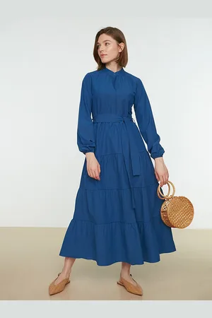 Trendyol Women Teal Solid Tiered Cotton Maxi Dress